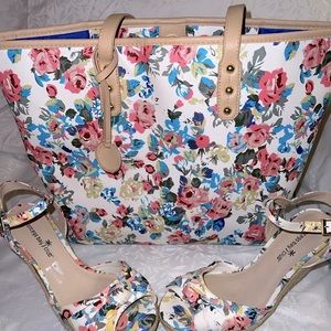 Montero Bay matching wedges and tote bag. Shoes size 7.5